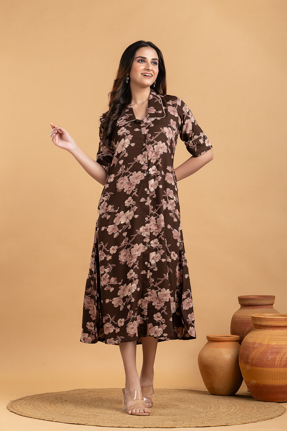 Dark Brown Floral Print A line Dress