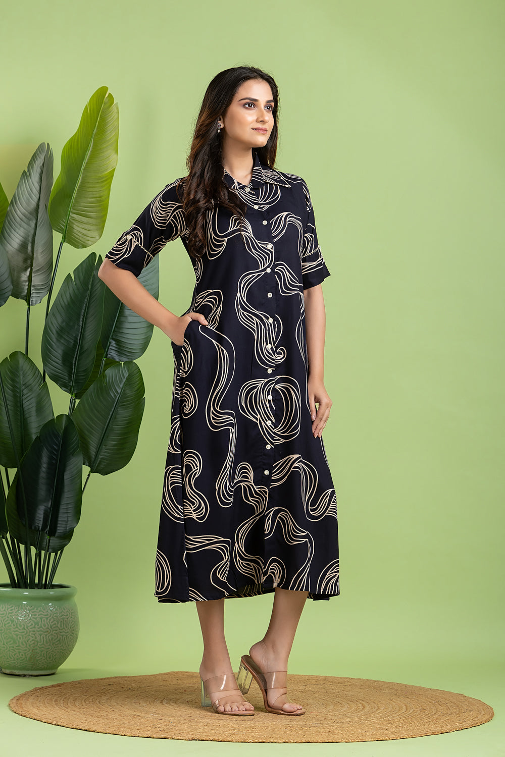 Navy Blue Abstract Print  A-Line Dress
