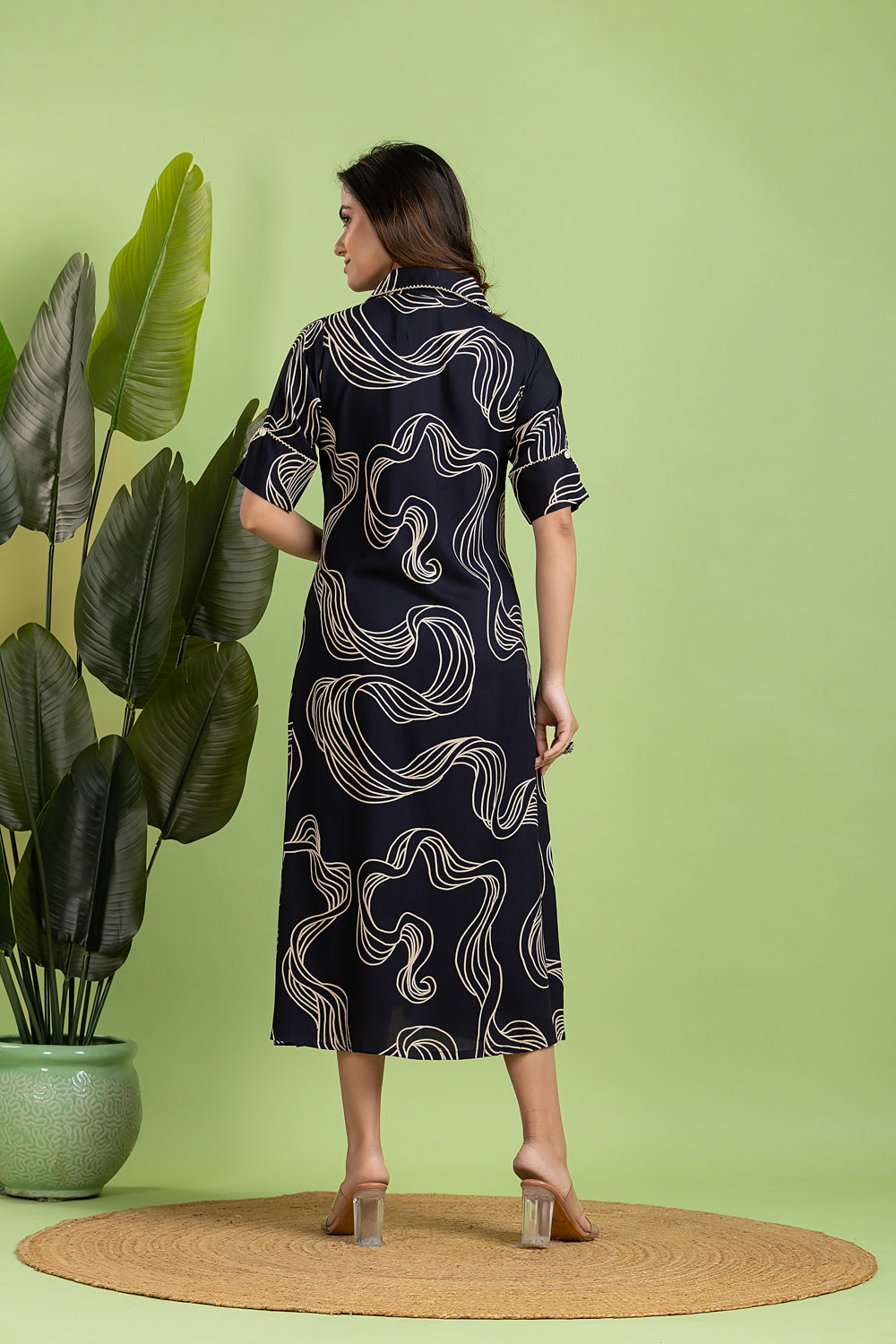 Navy Blue Abstract Print  A-Line Dress