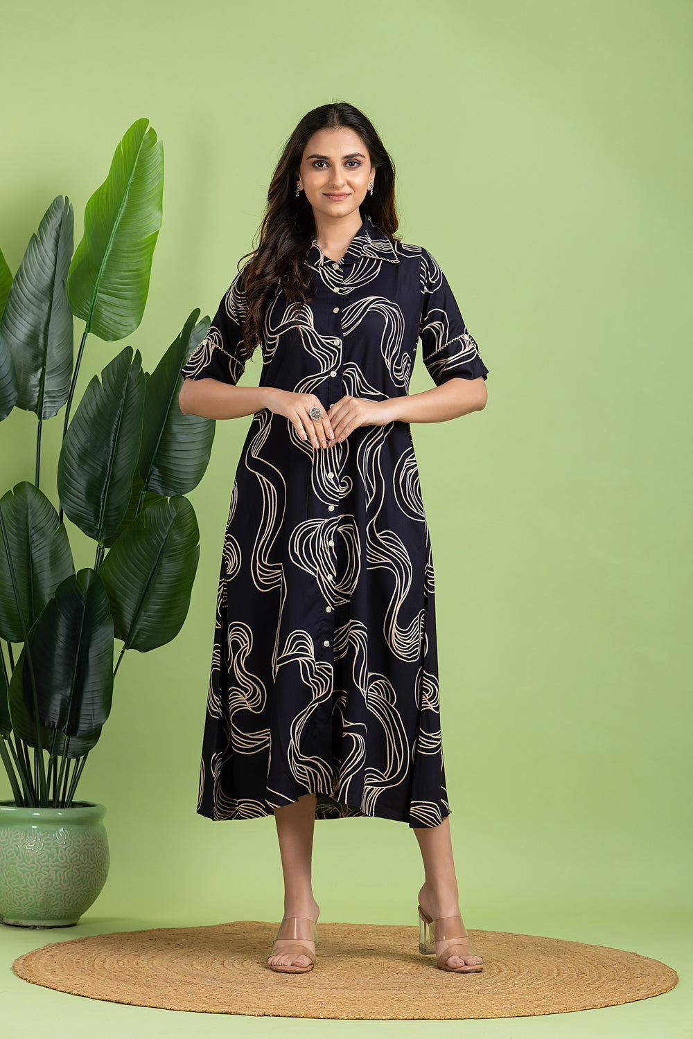 Navy Blue Abstract Print  A-Line Dress