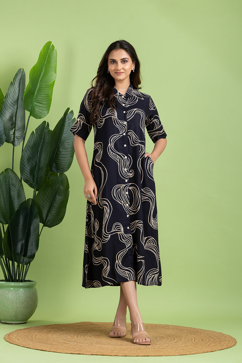 Navy Blue Abstract Print  A-Line Dress