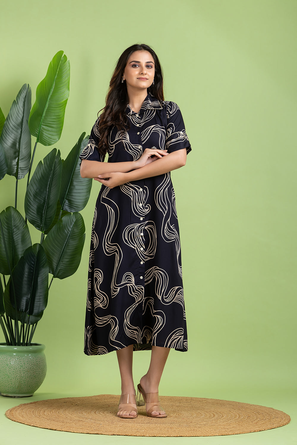 Navy Blue Abstract Print  A-Line Dress