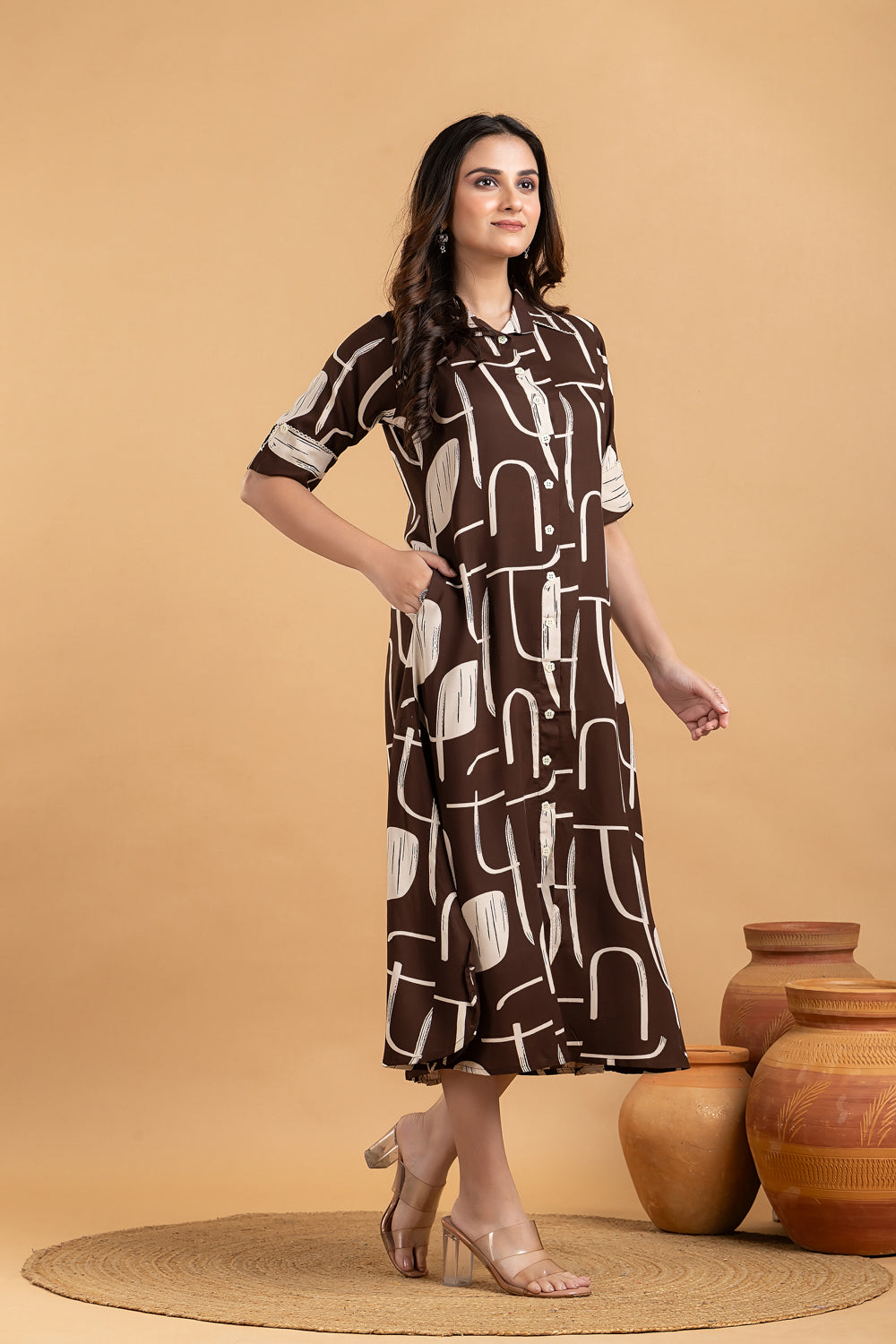 Dark Brown Geometric Print A line Dress