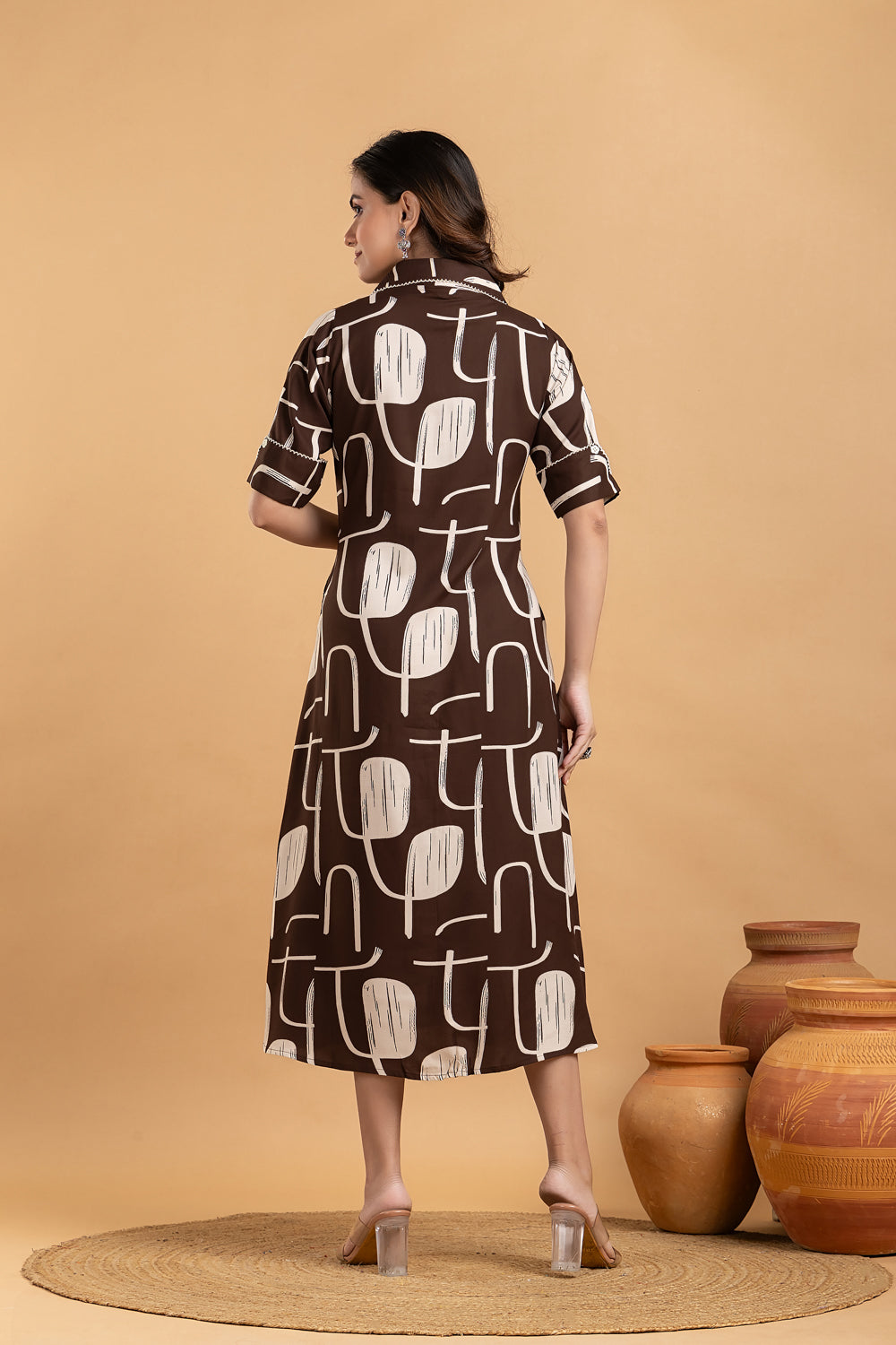 Dark Brown Geometric Print A line Dress