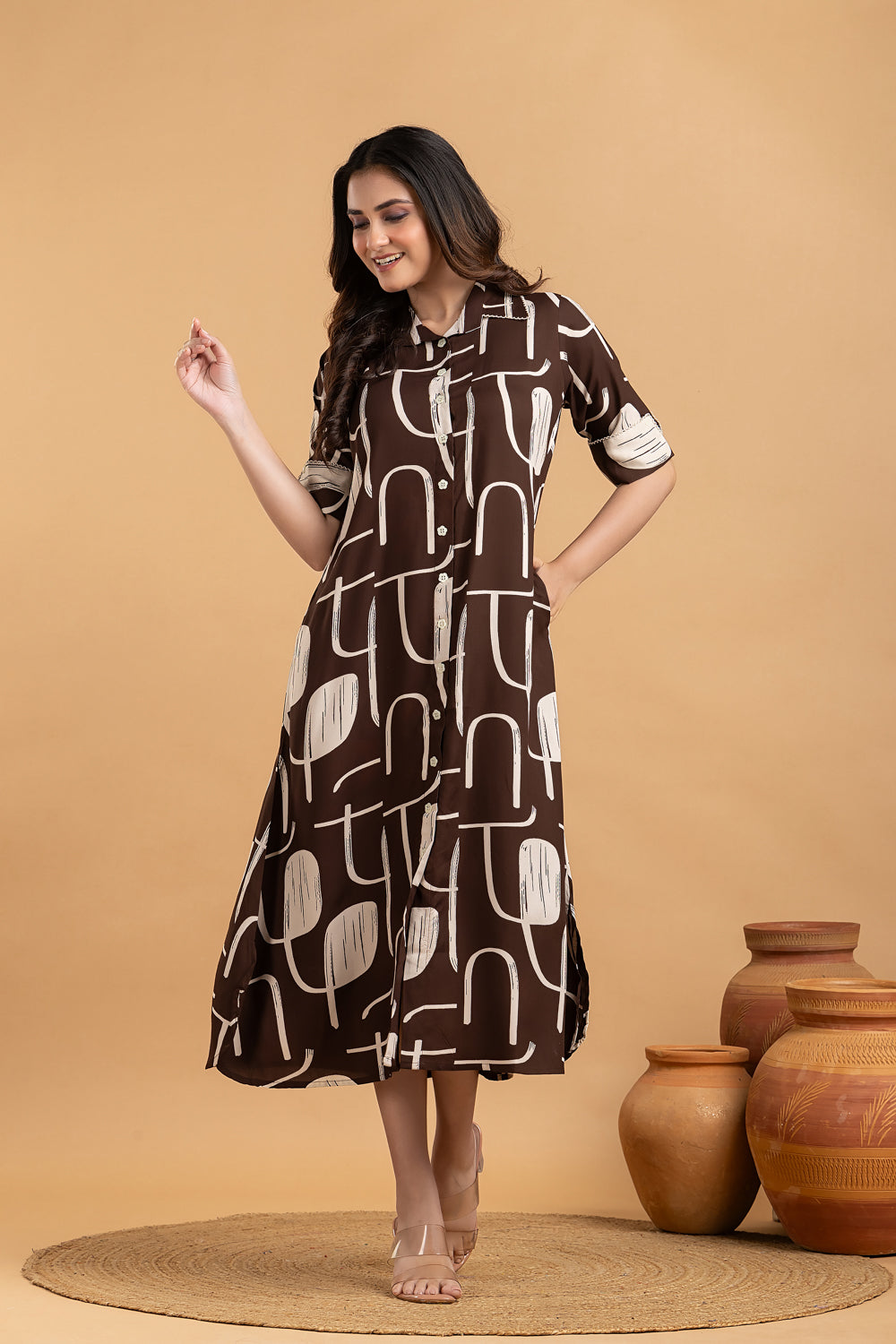 Dark Brown Geometric Print A line Dress