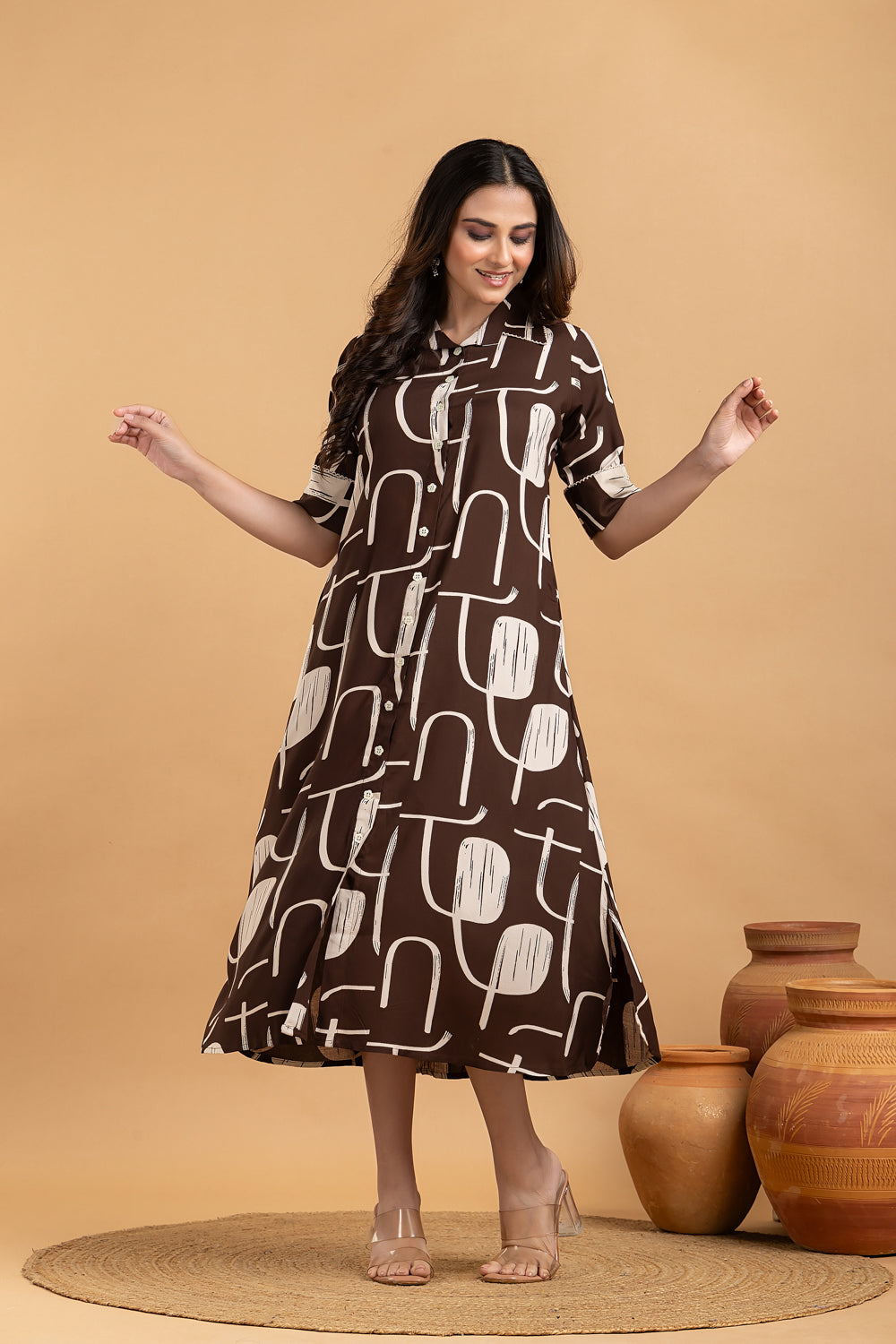 Dark Brown Geometric Print A line Dress