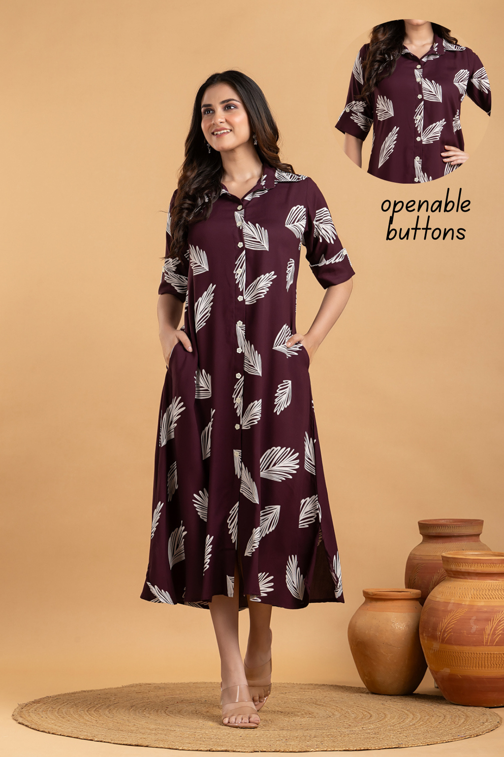 Burgundy Leaf Print A-Line Dress