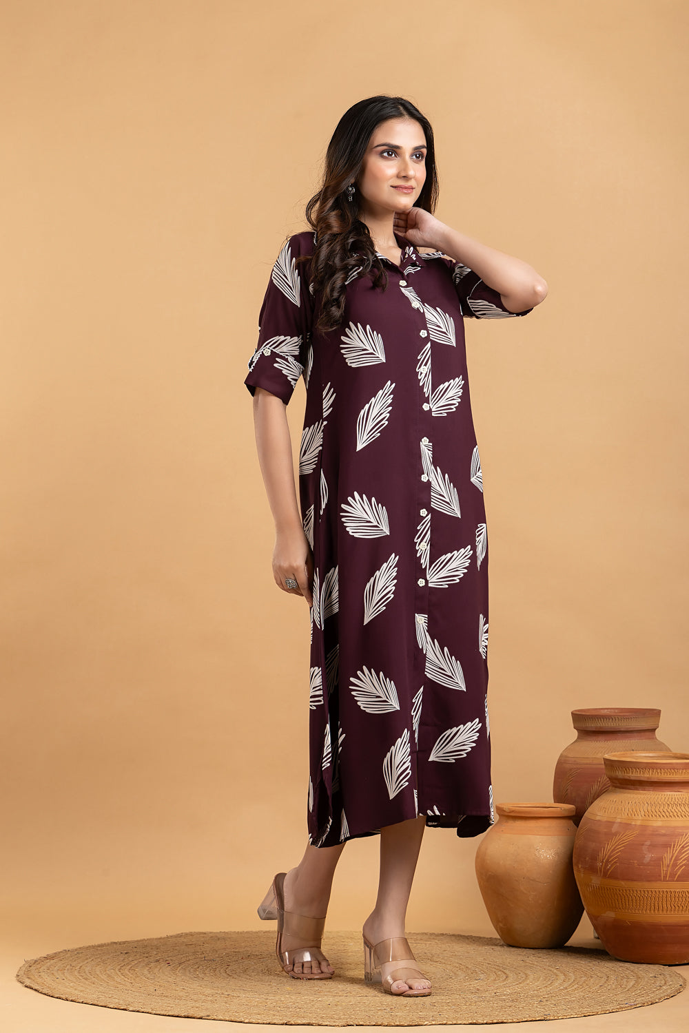 Burgundy Leaf Print A-Line Dress