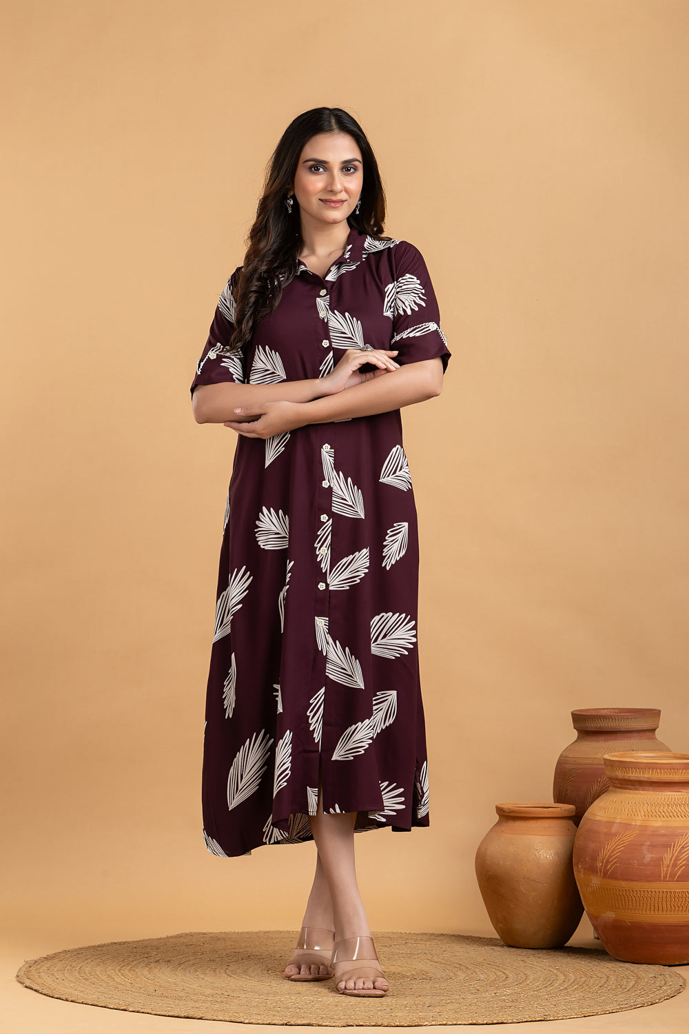 Burgundy Leaf Print A-Line Dress