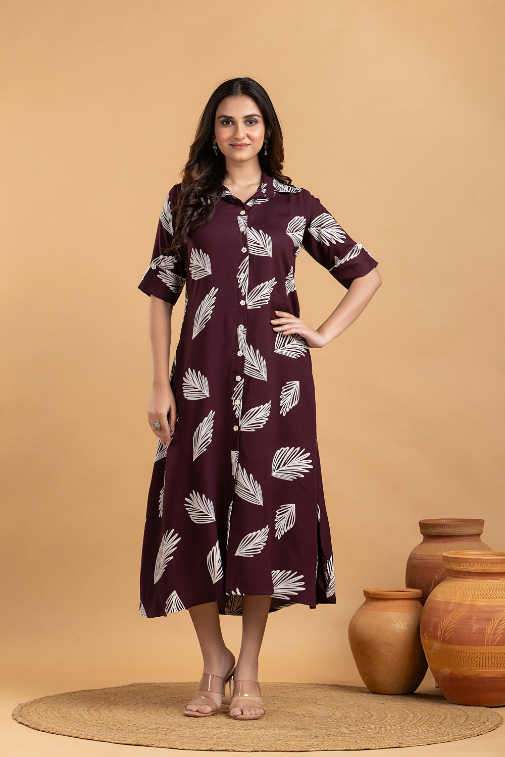 Burgundy Leaf Print A-Line Dress