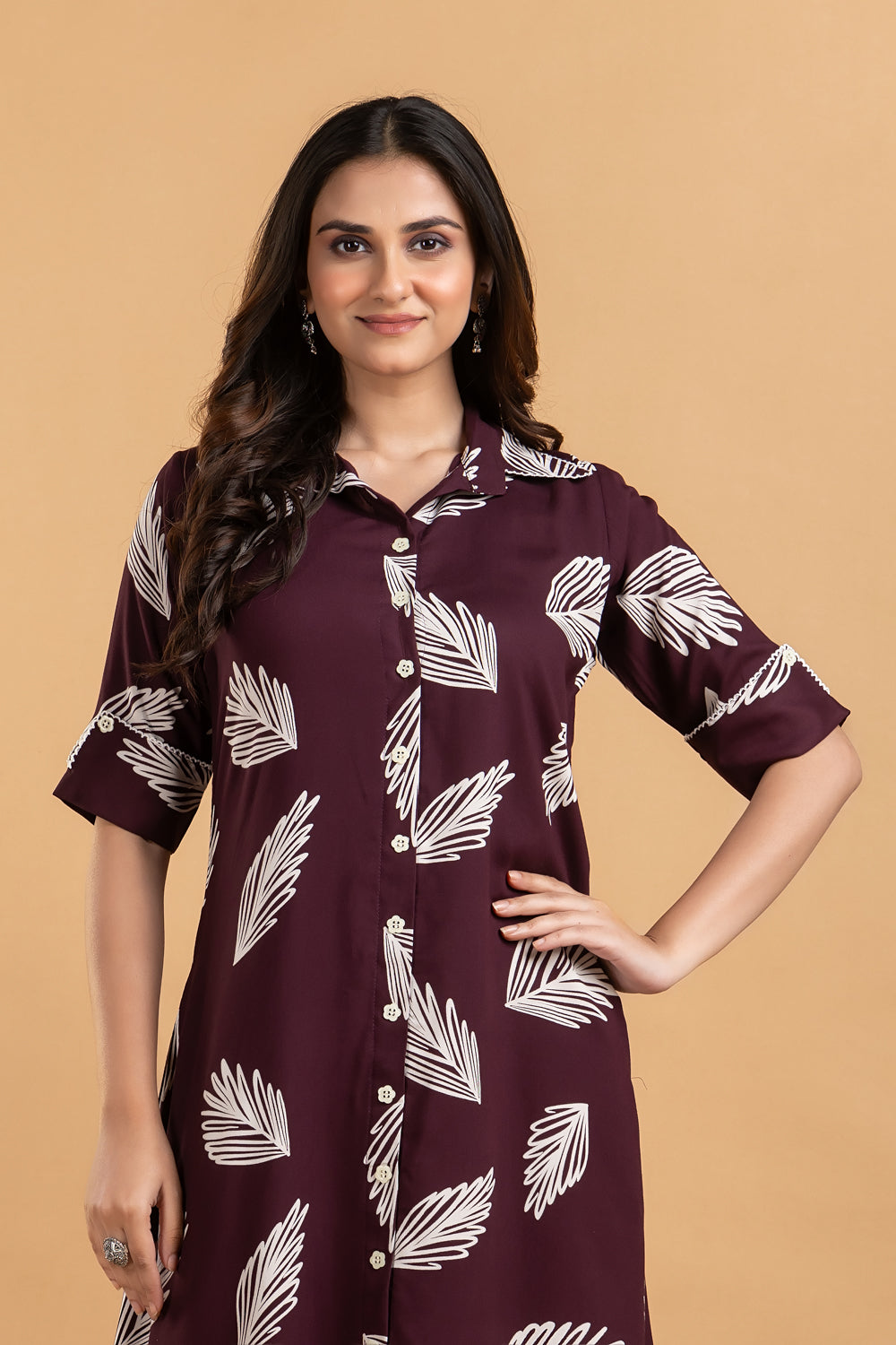 Burgundy Leaf Print A-Line Dress
