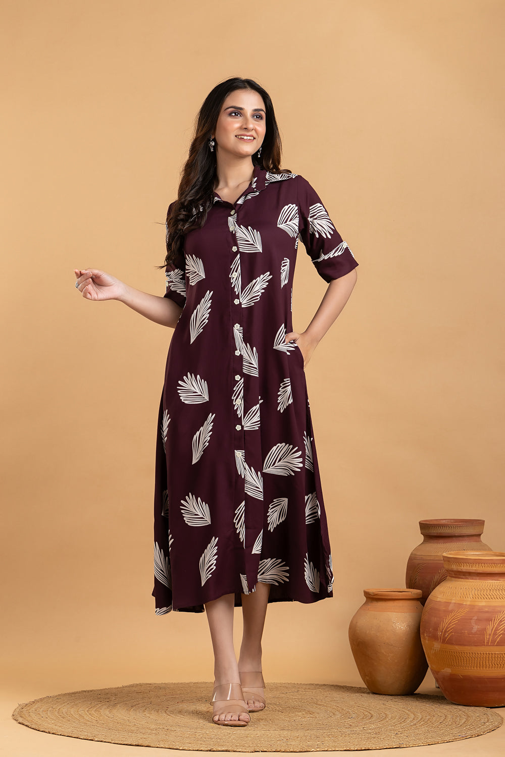 Burgundy Leaf Print A-Line Dress