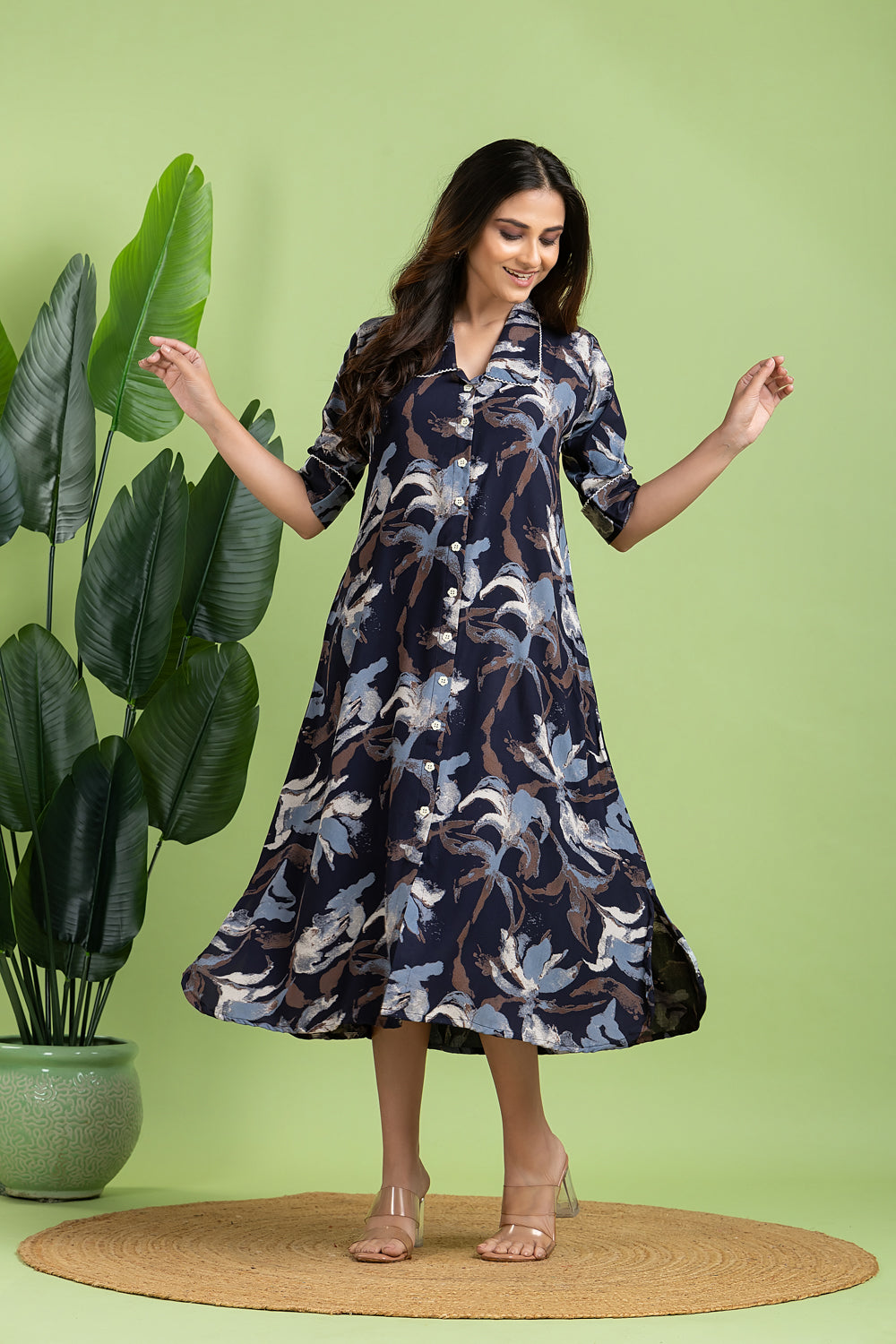 Navy Blue Multi-colour Abstract Print  A-Line Dress
