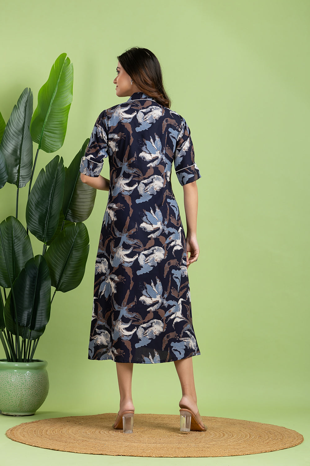 Navy Blue Multi-colour Abstract Print  A-Line Dress