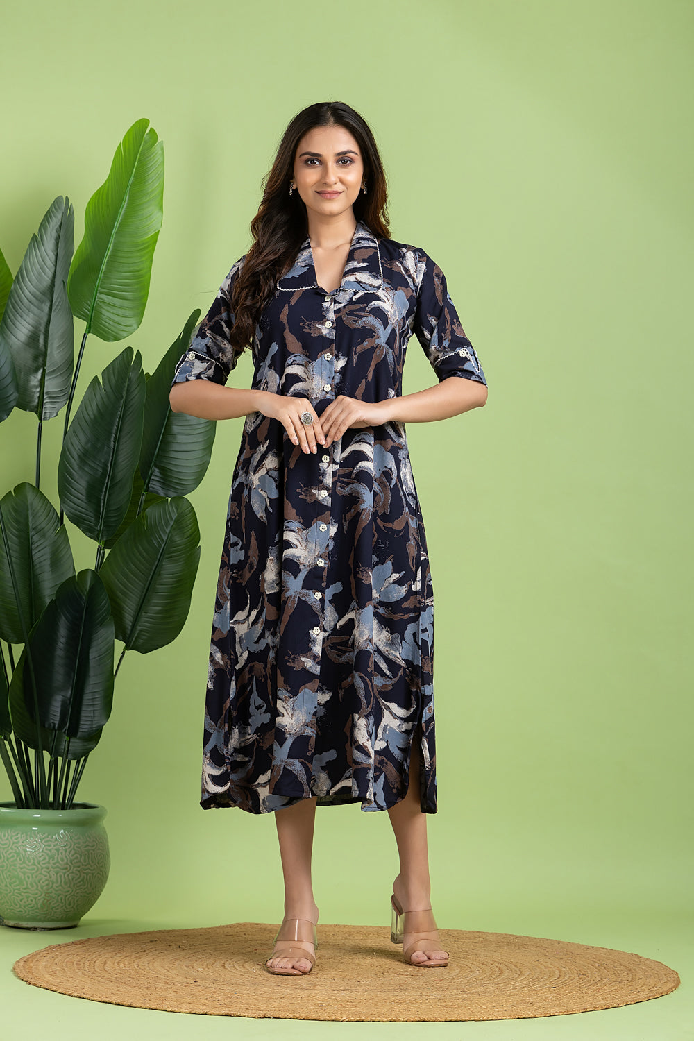 Navy Blue Multi-colour Abstract Print  A-Line Dress