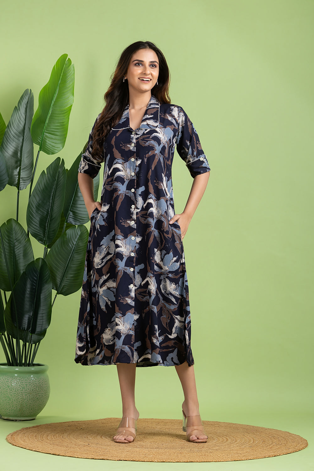 Navy Blue Multi-colour Abstract Print  A-Line Dress