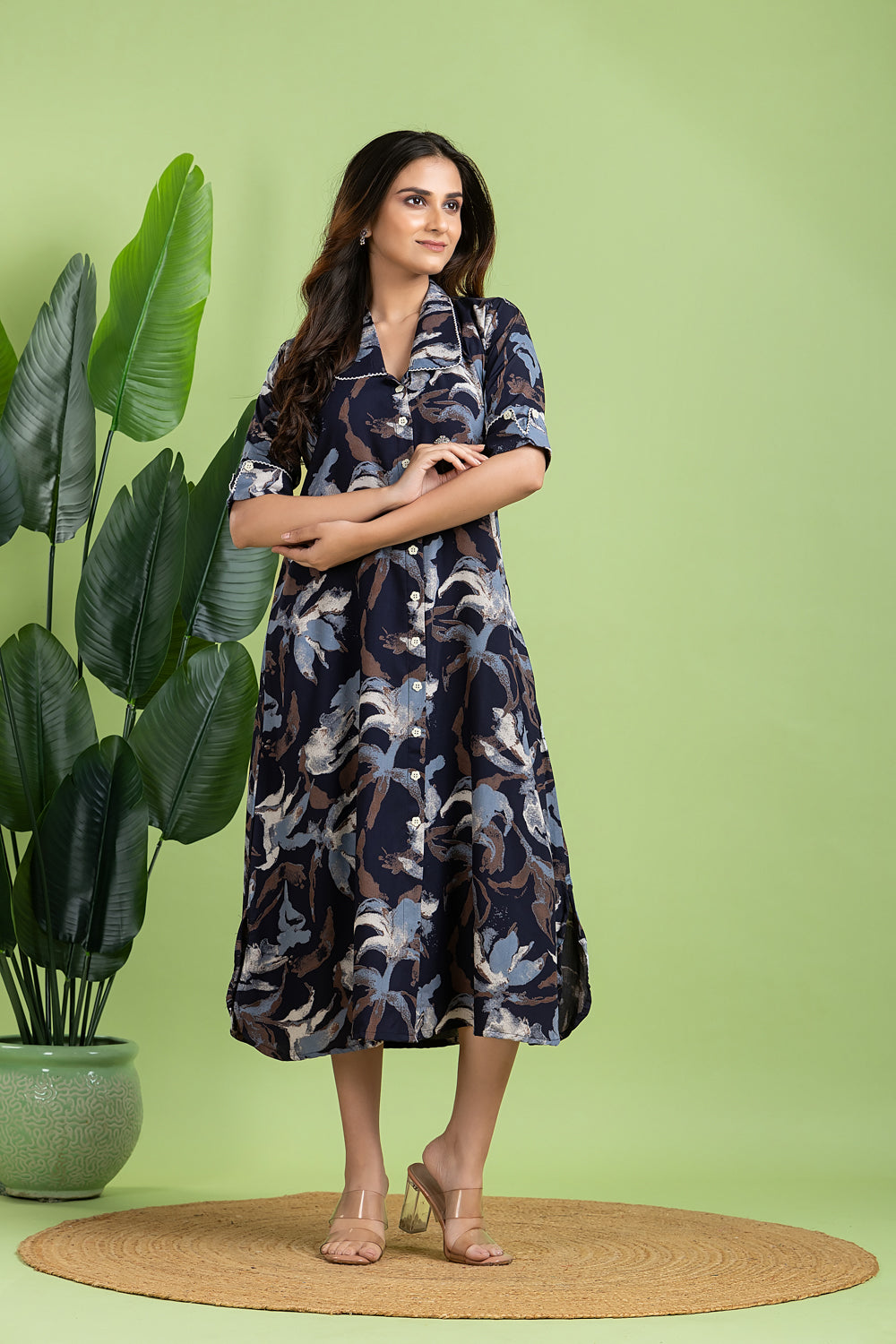 Navy Blue Multi-colour Abstract Print  A-Line Dress