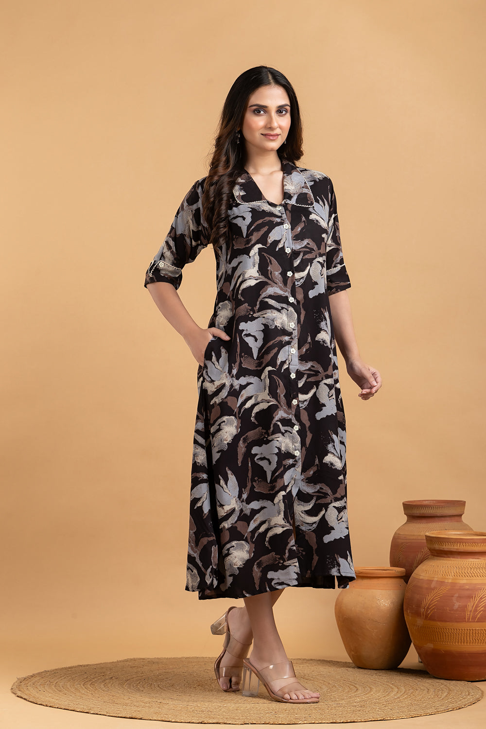 Black Multi-colour Abstract Print  A-Line Dress