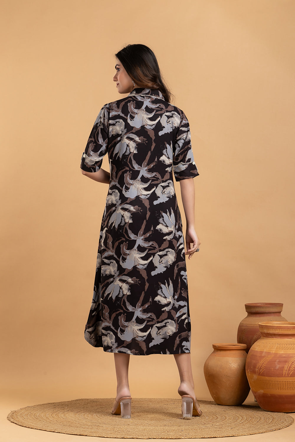Black Multi-colour Abstract Print  A-Line Dress