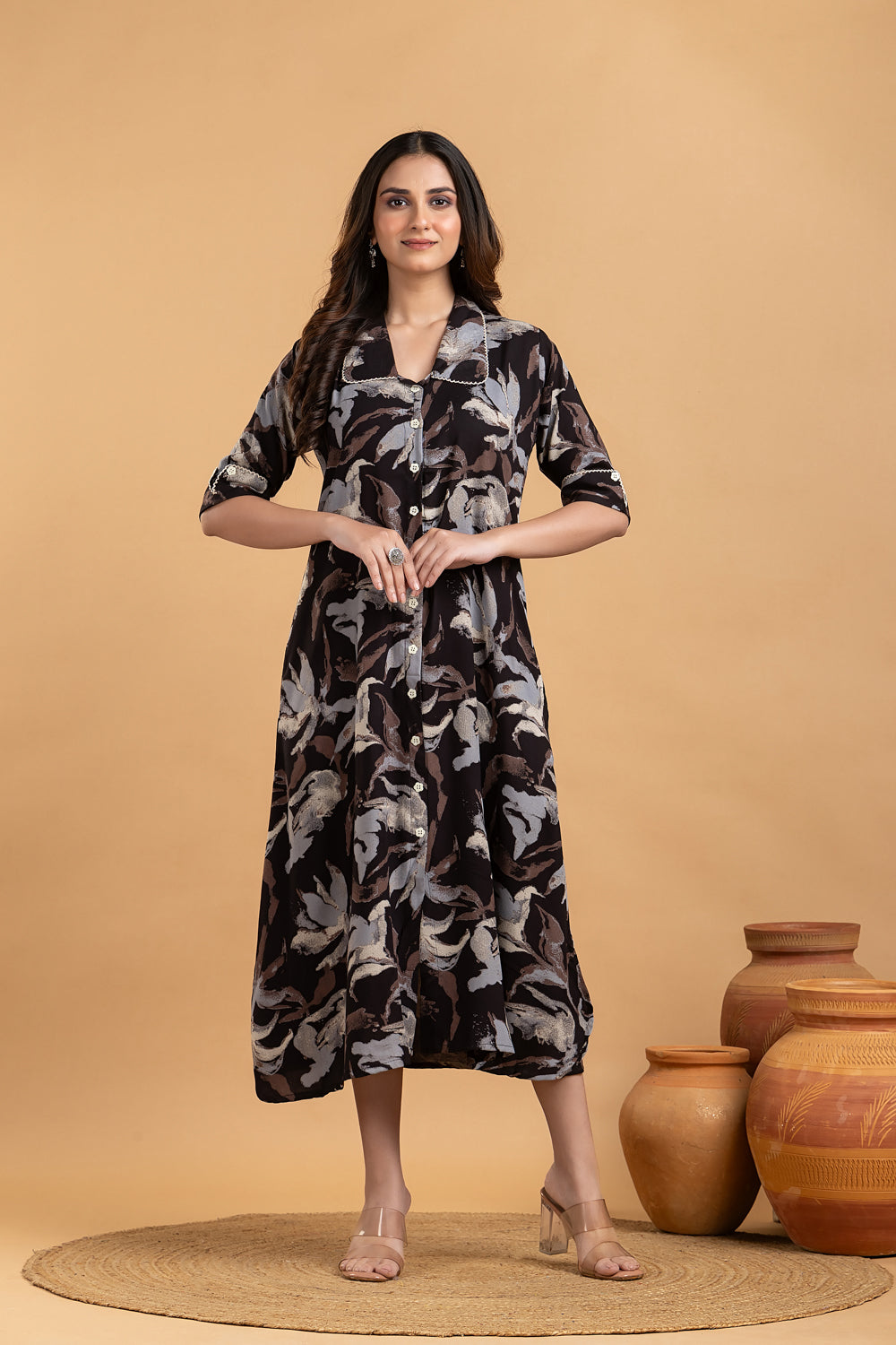 Black Multi-colour Abstract Print  A-Line Dress