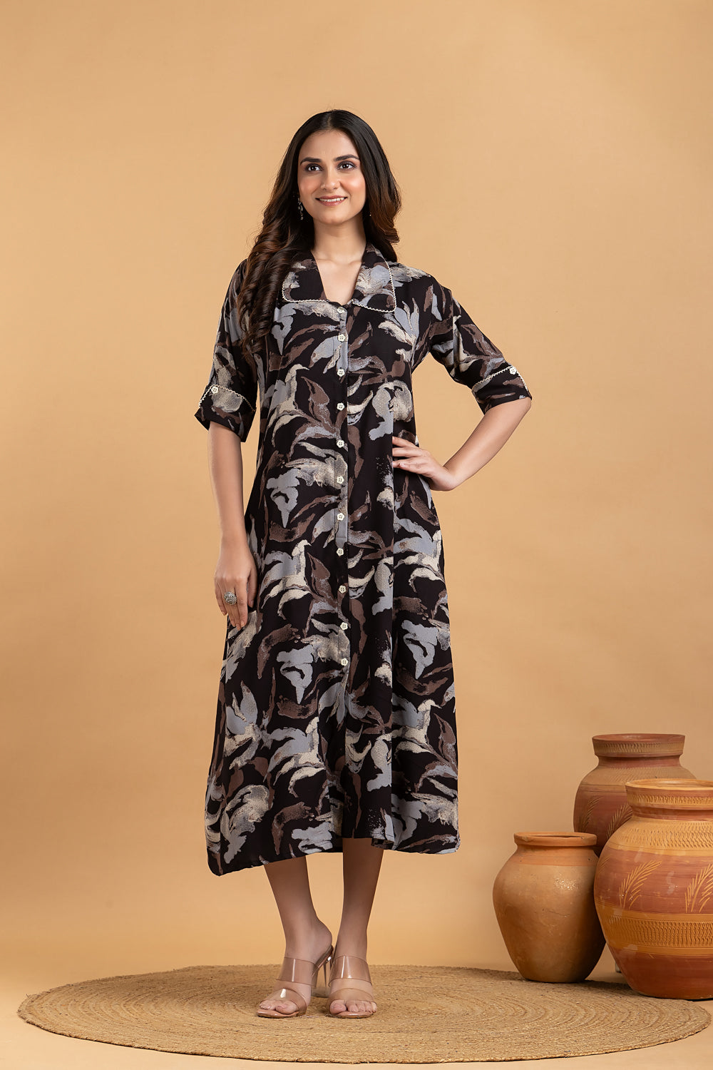 Black Multi-colour Abstract Print  A-Line Dress