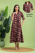 Wine & Brown Leaf Print  A-Line Dress