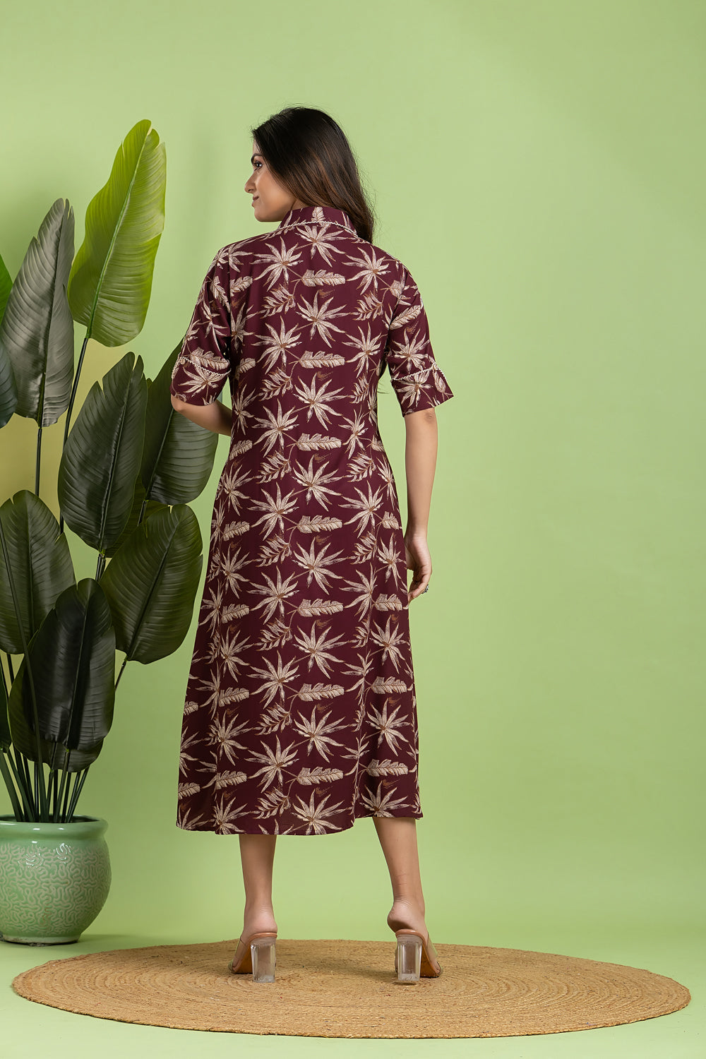 Wine & Brown Leaf Print  A-Line Dress