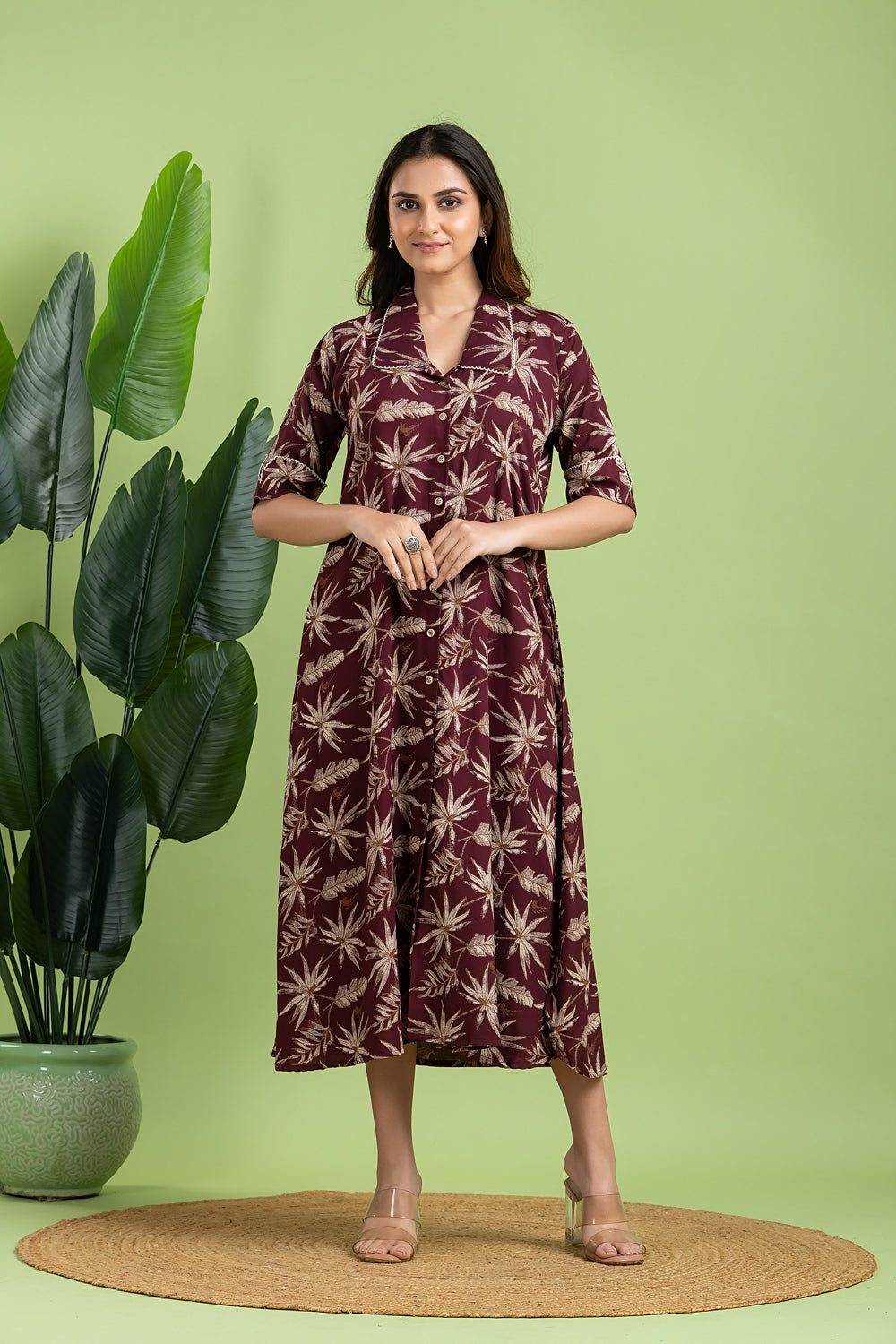 Wine & Brown Leaf Print  A-Line Dress