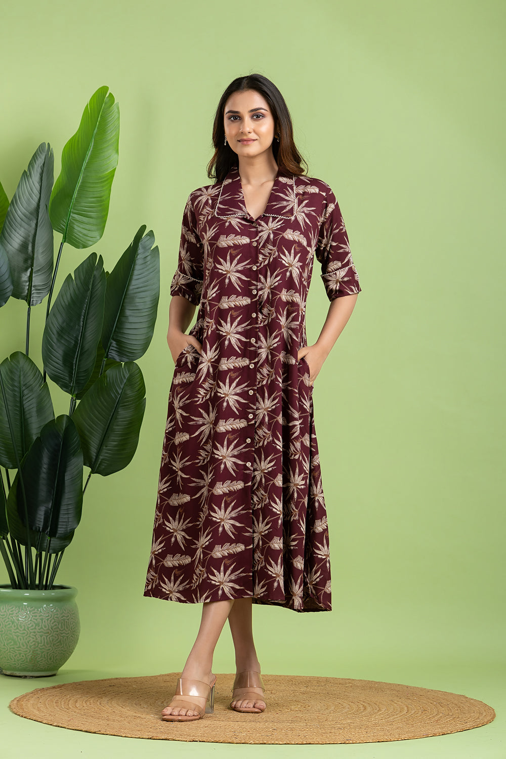 Wine & Brown Leaf Print  A-Line Dress