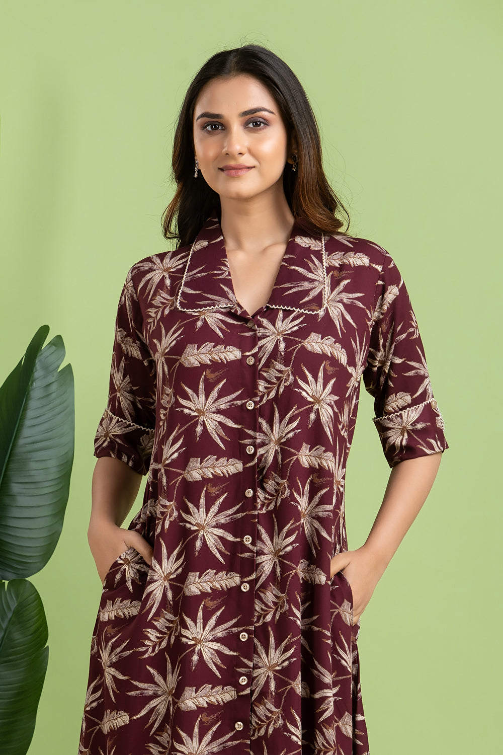 Wine & Brown Leaf Print  A-Line Dress
