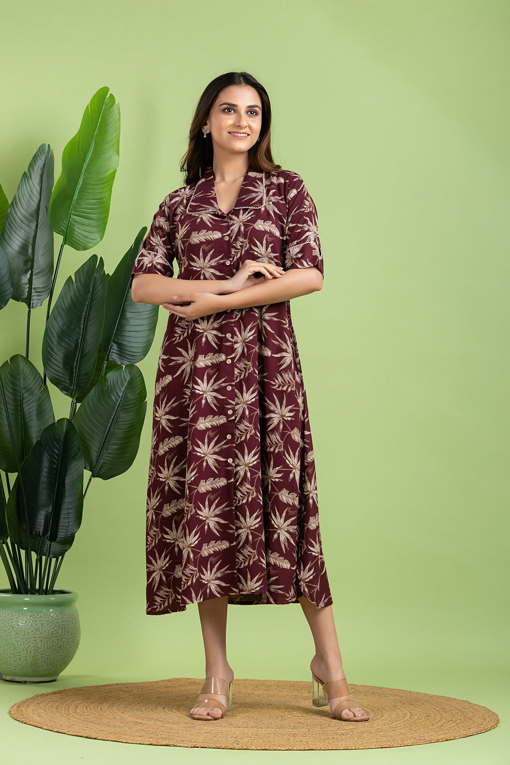 Wine & Brown Leaf Print  A-Line Dress