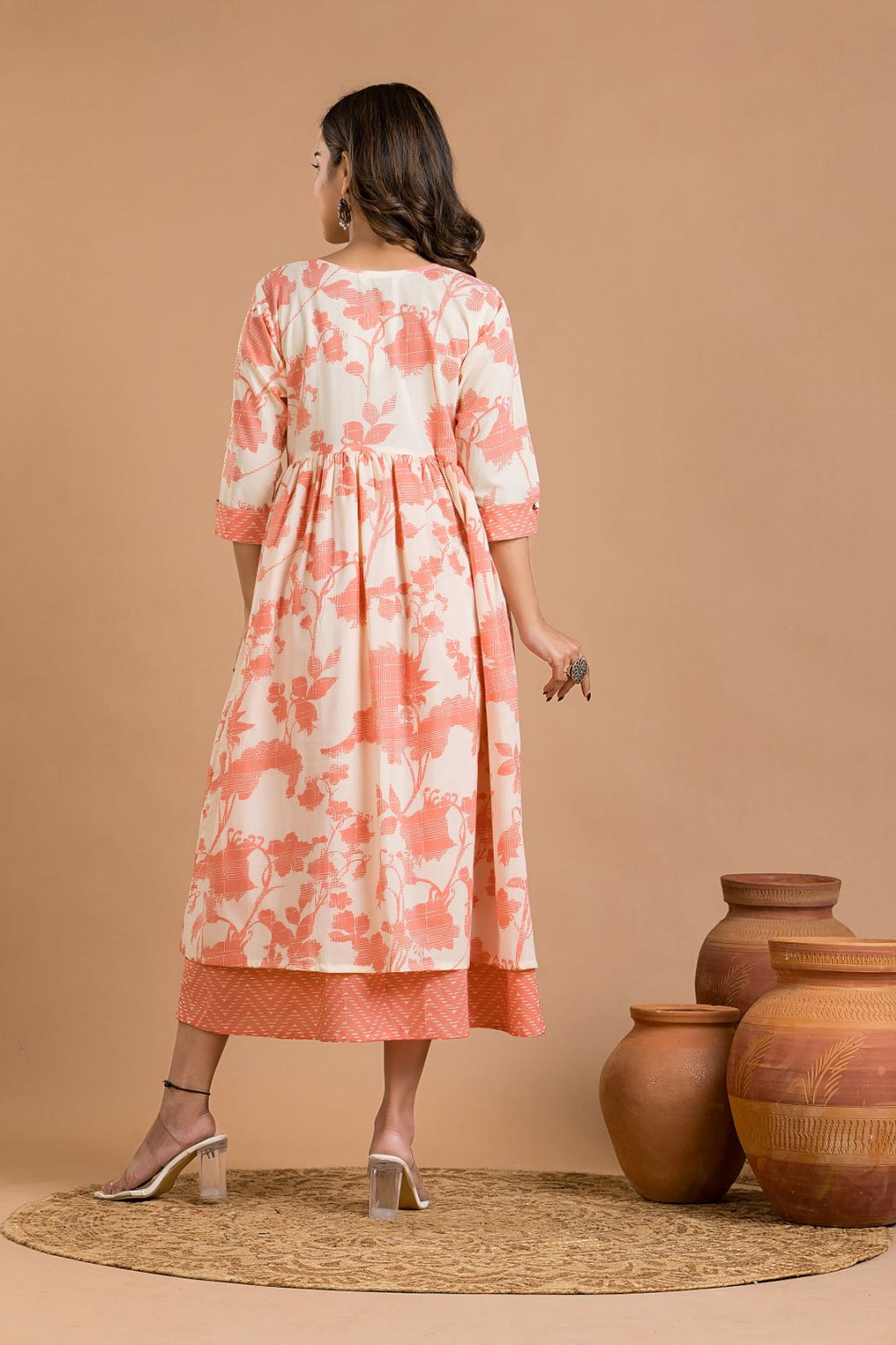 White & Peach Floral Print Dress
