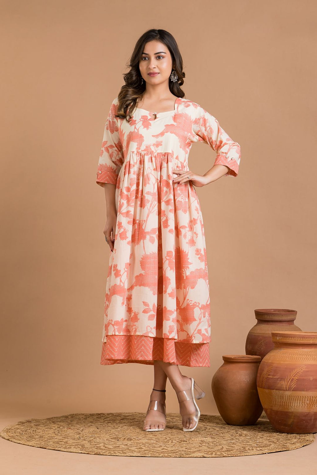 White & Peach Floral Print Dress