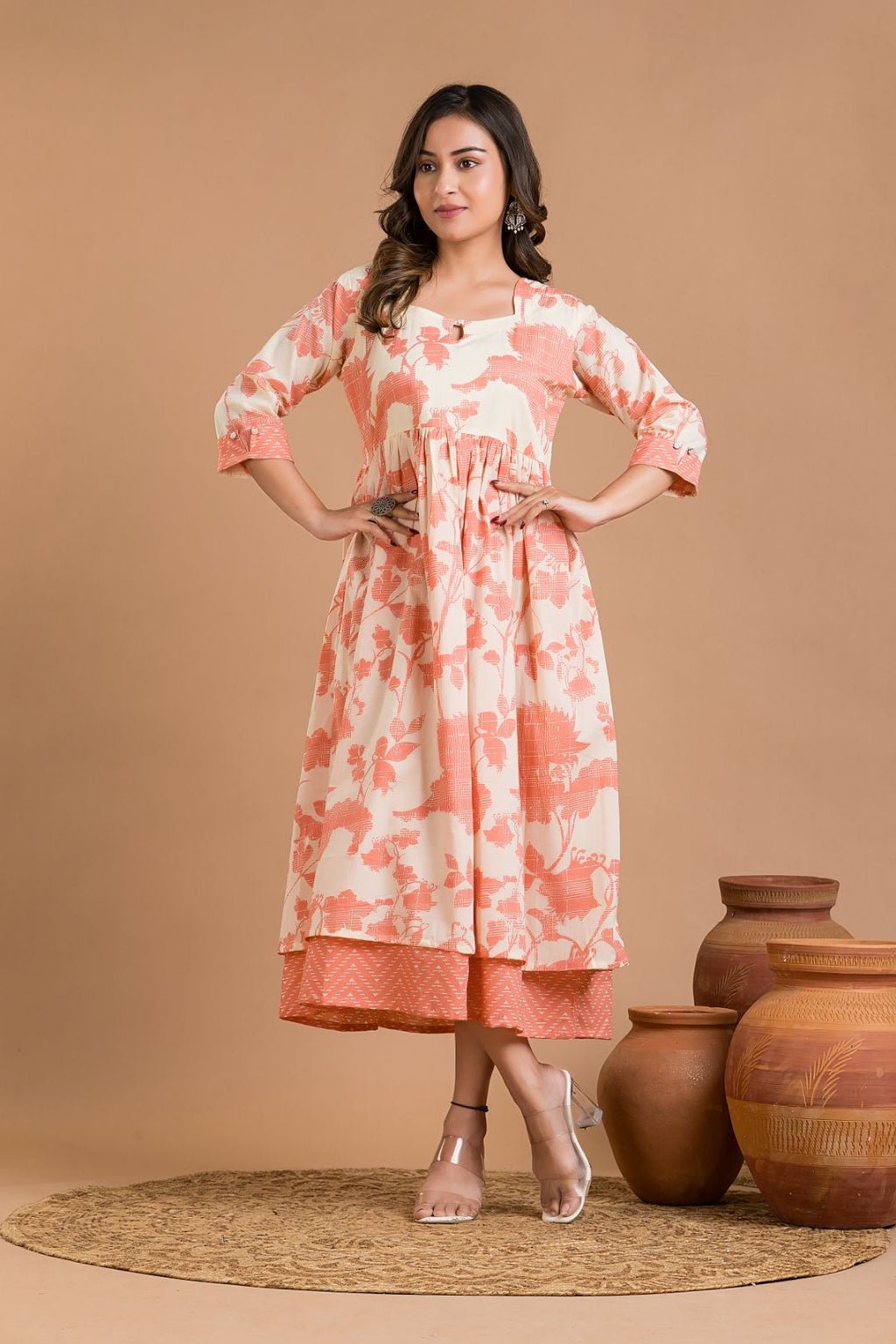 White & Peach Floral Print Dress