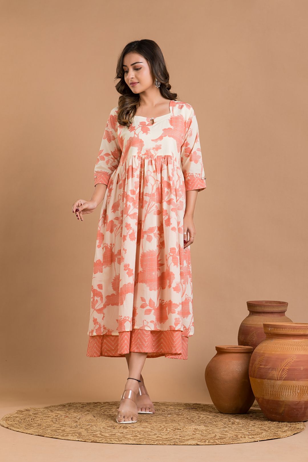 White & Peach Floral Print Dress