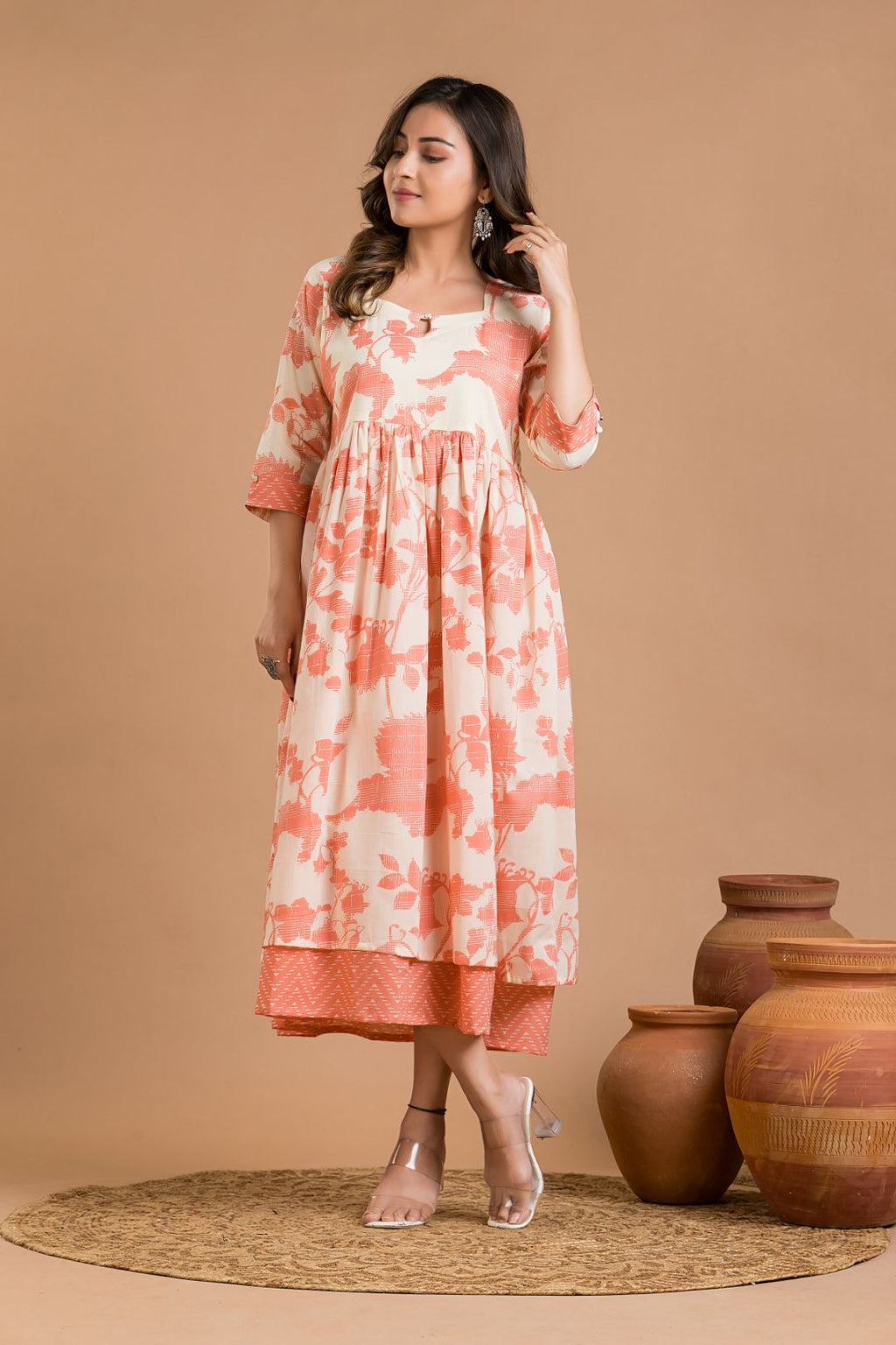 White & Peach Floral Print Dress