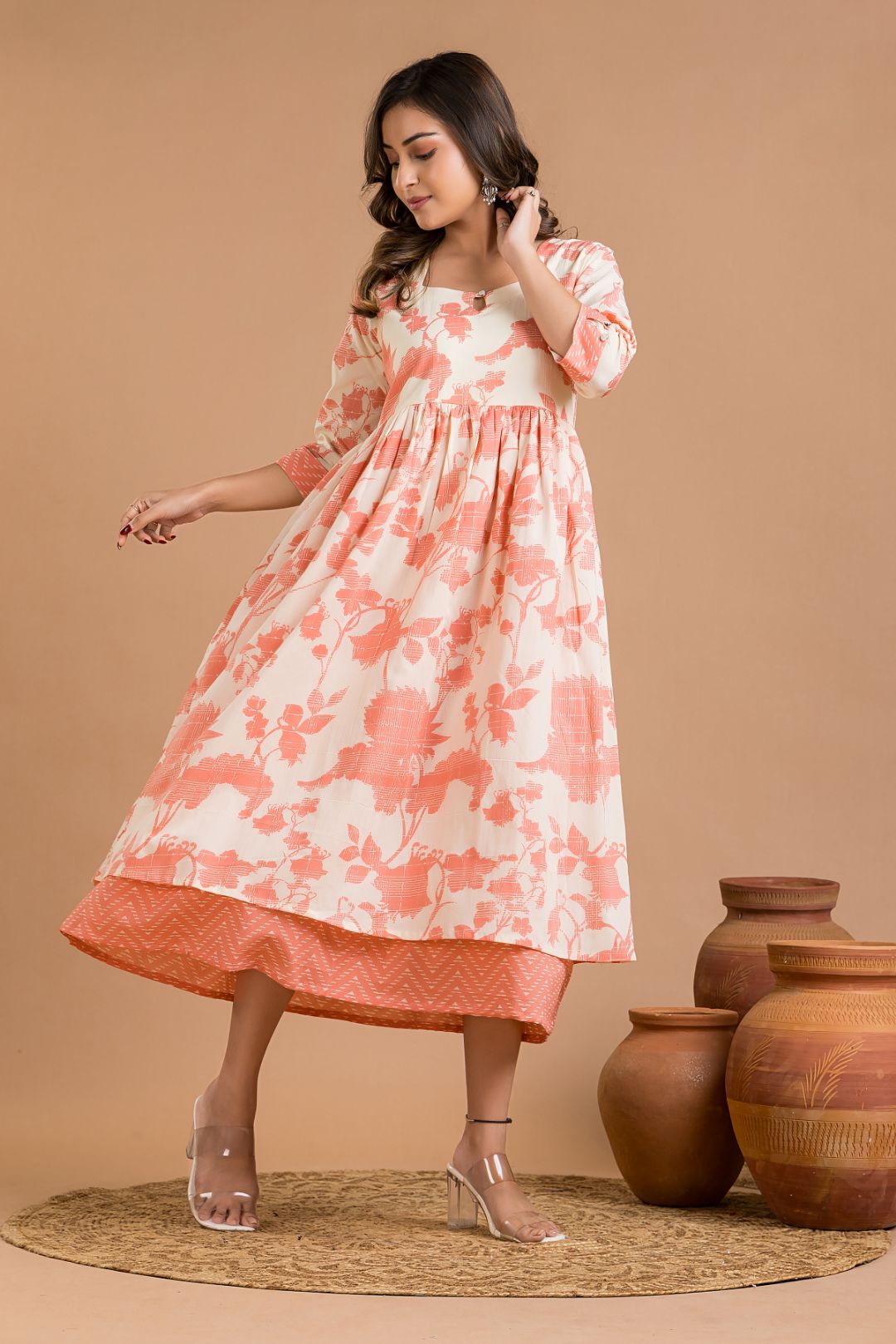 White & Peach Floral Print Dress