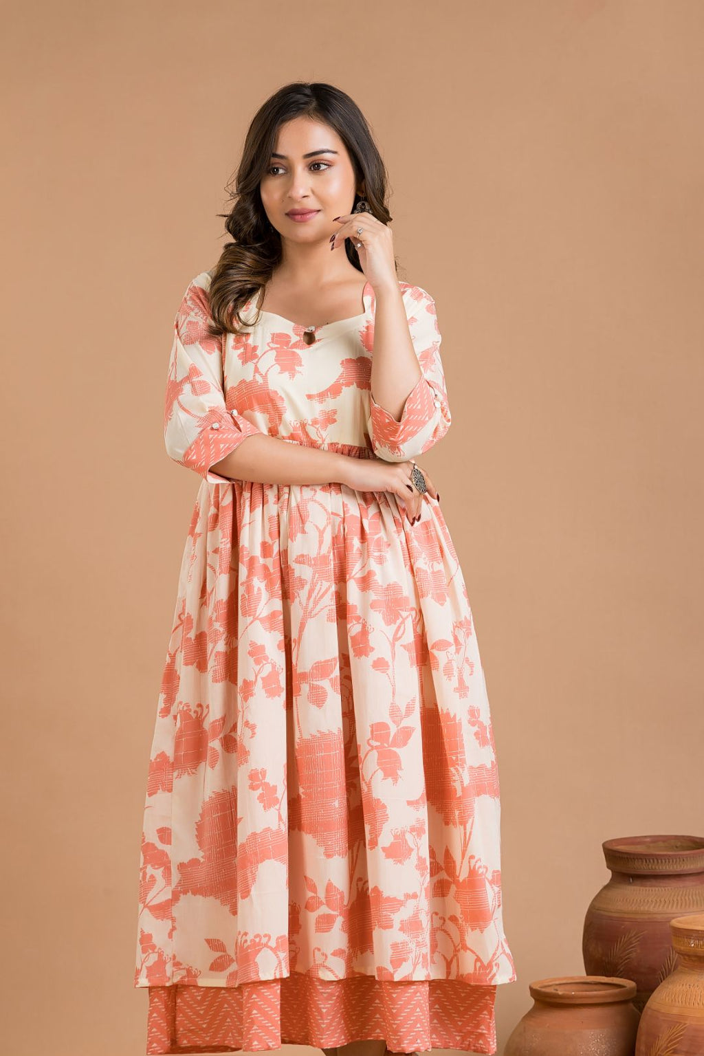 White & Peach Floral Print Dress