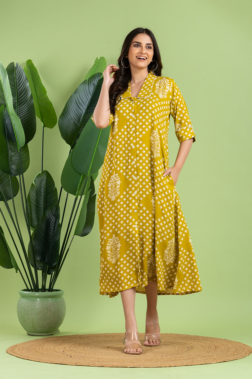 Olive Yellow Floral Print A-Line Dress