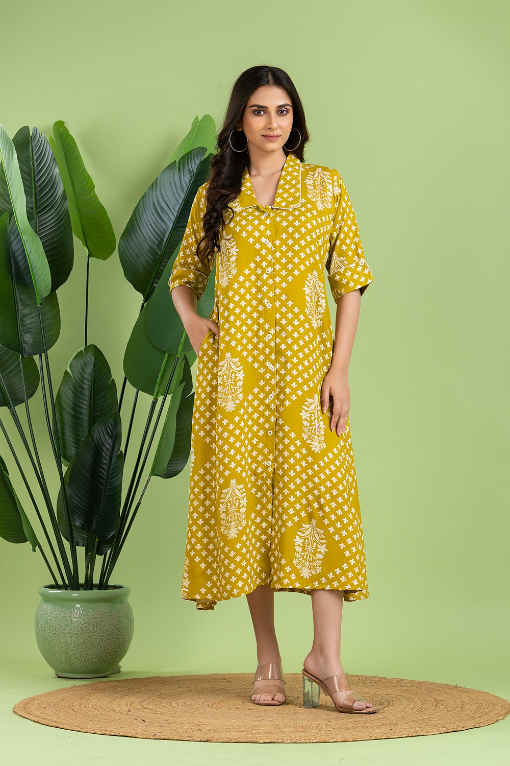 Olive Yellow Floral Print A-Line Dress
