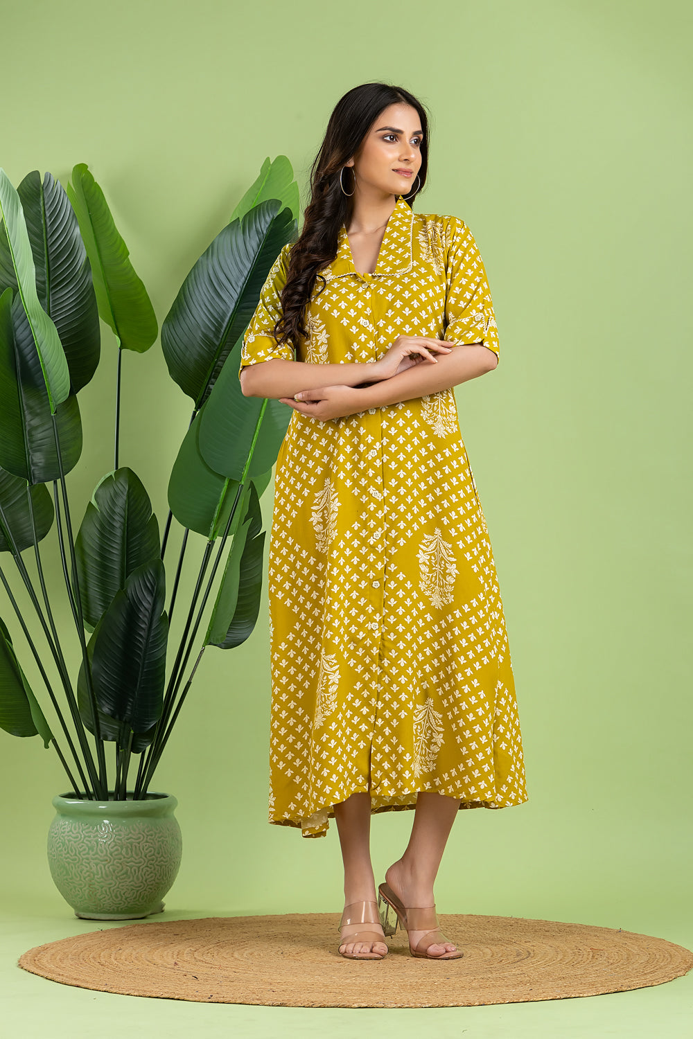 Olive Yellow Floral Print A-Line Dress