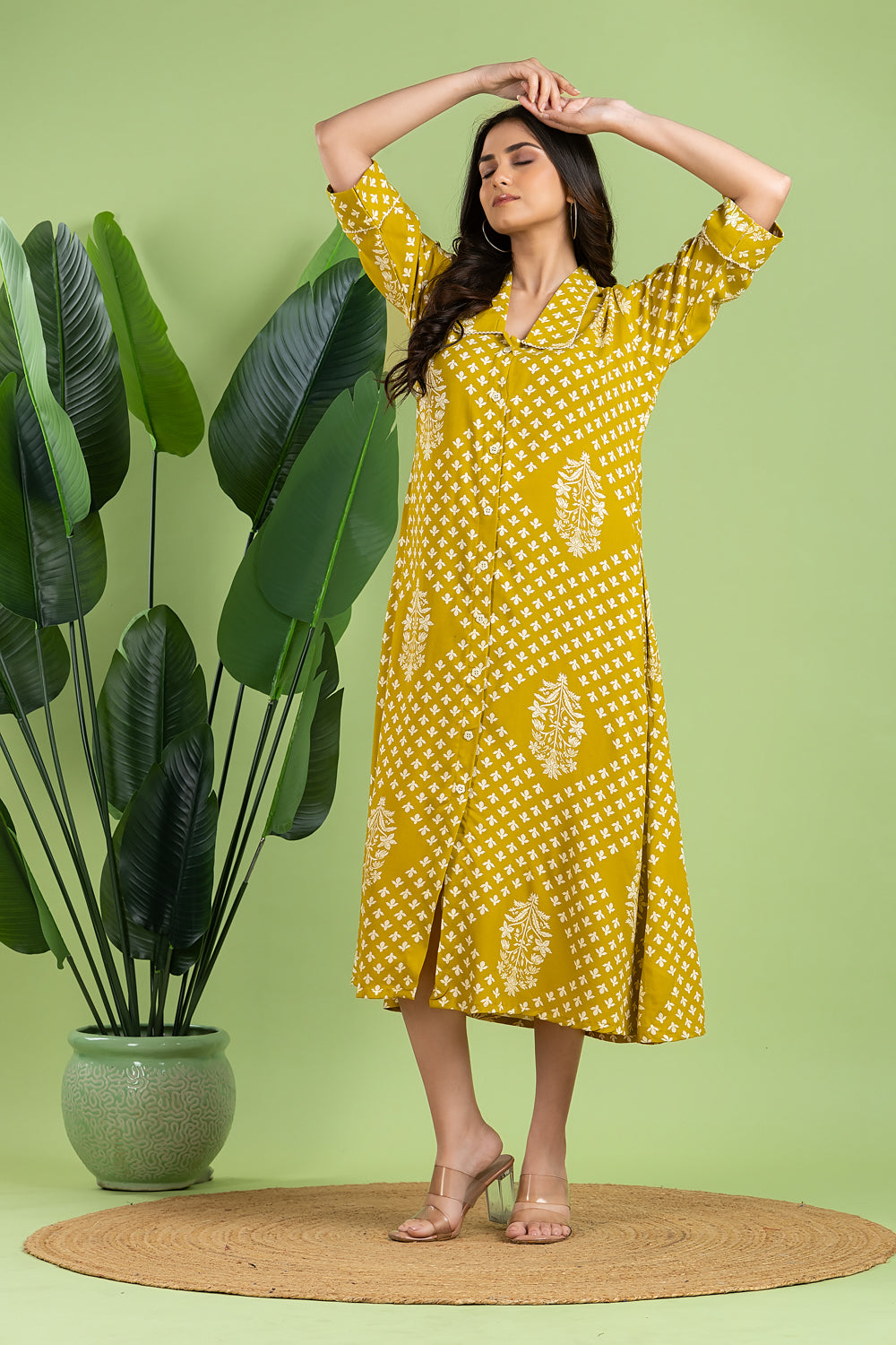 Olive Yellow Floral Print A-Line Dress