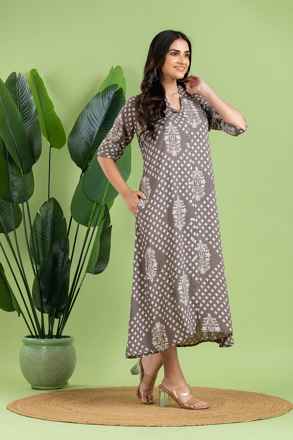 Grey Floral Print A-Line Dress