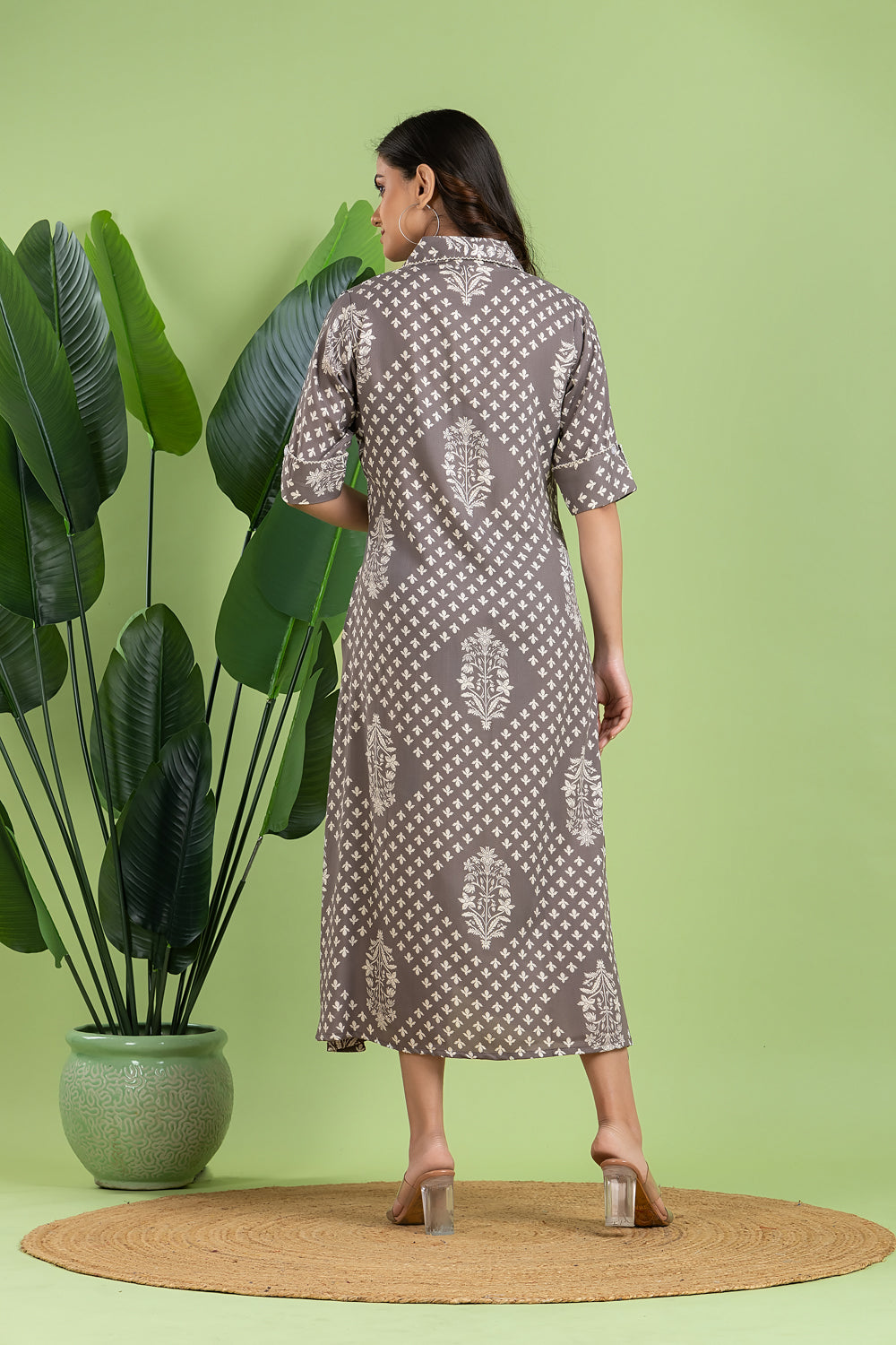 Grey Floral Print A-Line Dress