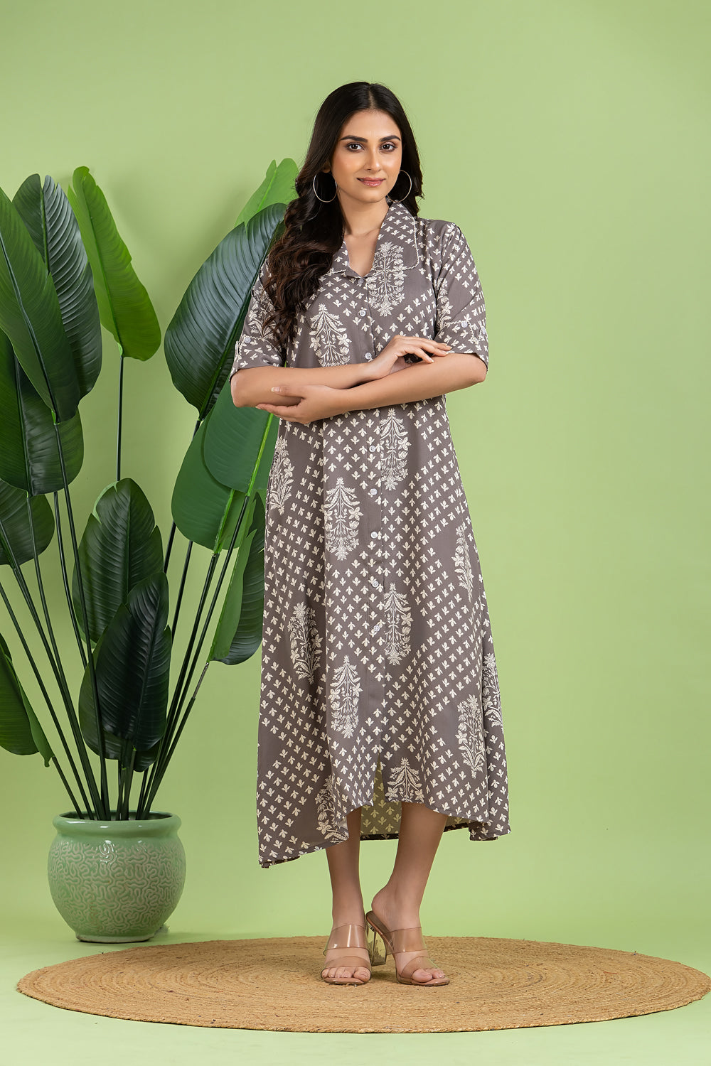 Grey Floral Print A-Line Dress