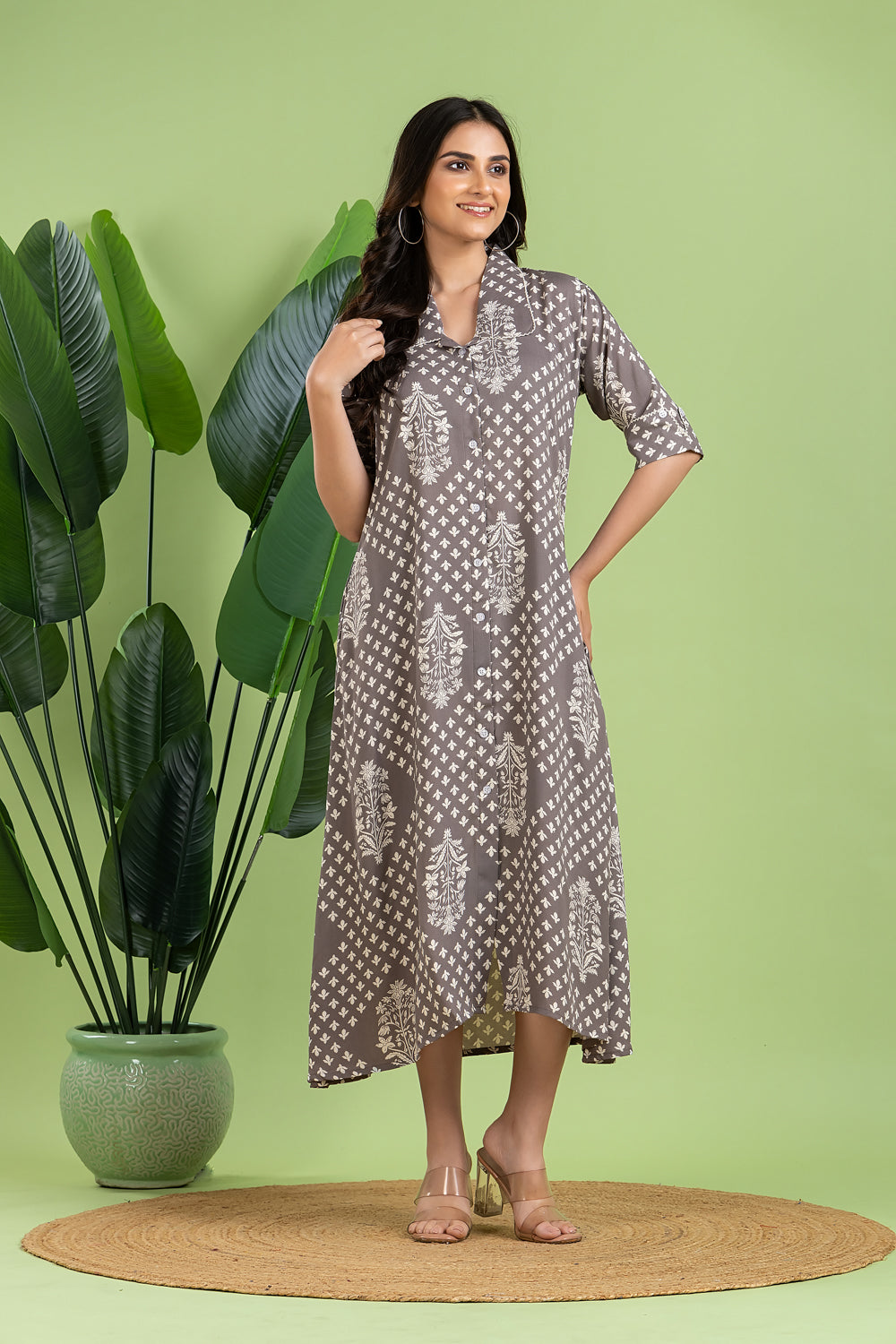 Grey Floral Print A-Line Dress