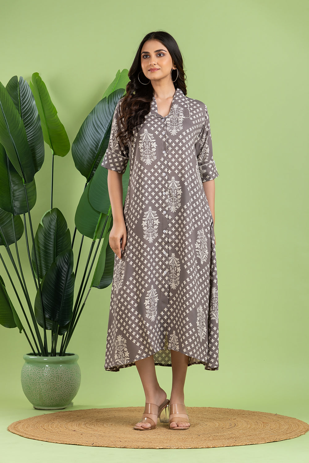 Grey Floral Print A-Line Dress