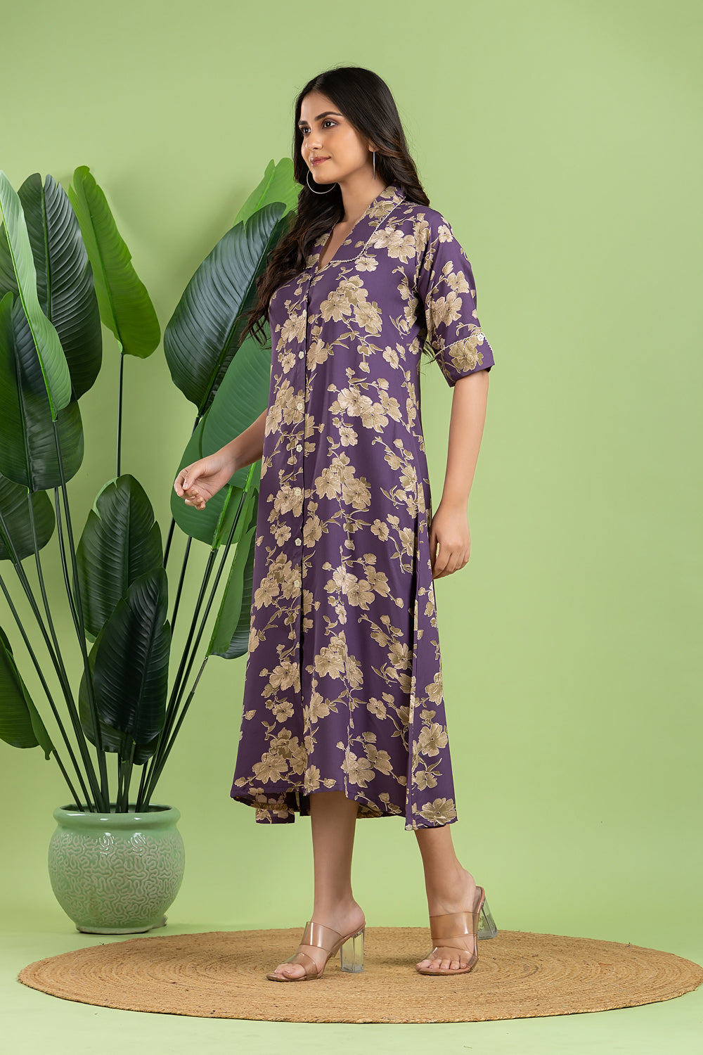 Purple Floral Print A-Line Dress