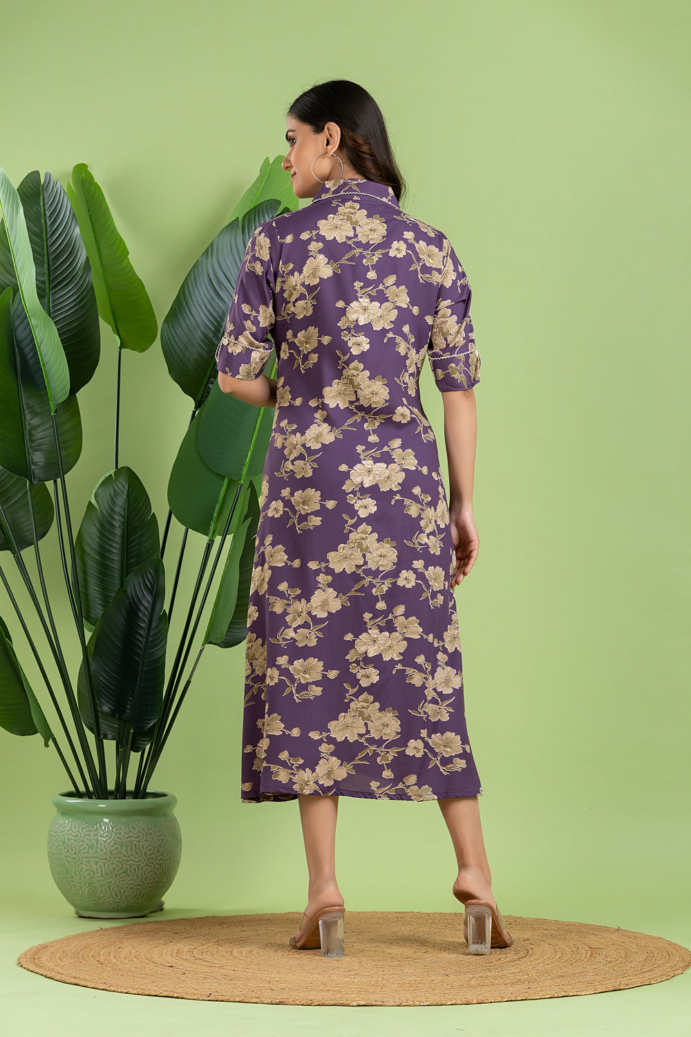 Purple Floral Print A-Line Dress