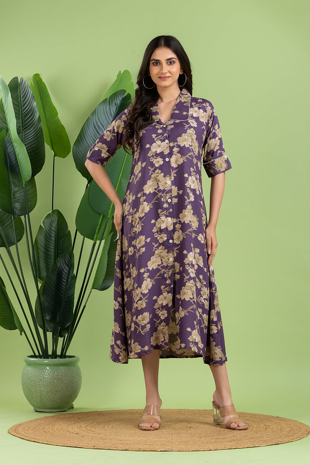 Purple Floral Print A-Line Dress